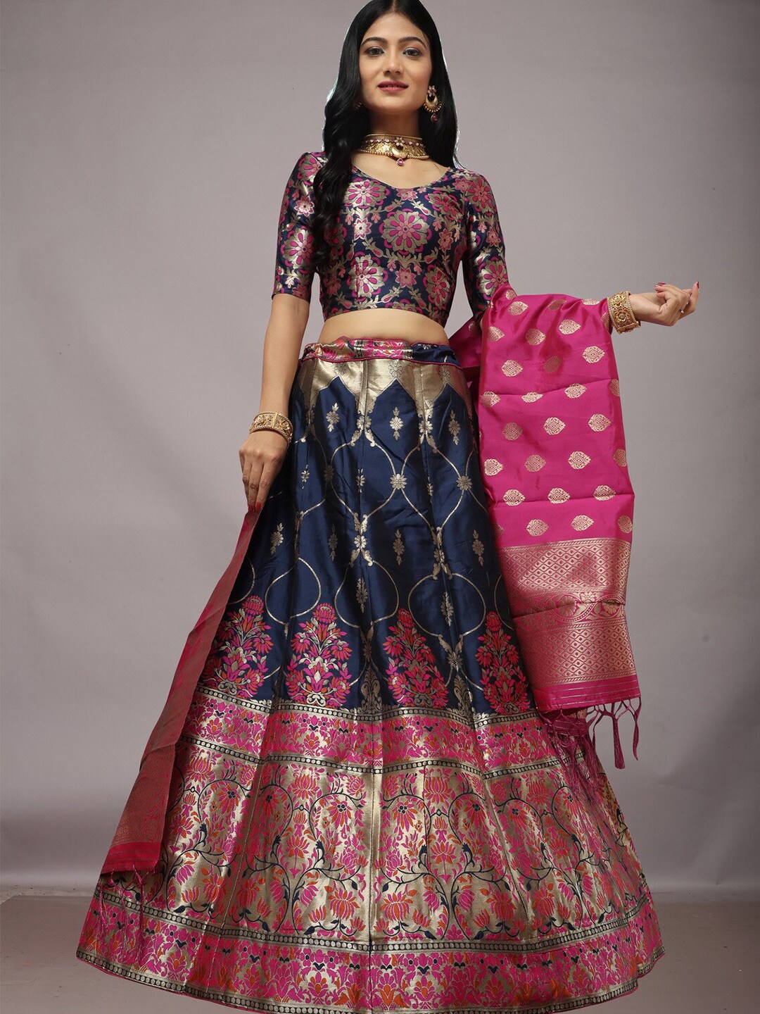 Ekta Textiles Navy Blue & Pink Semi-Stitched Lehenga & Unstitched Blouse With Dupatta Price in India