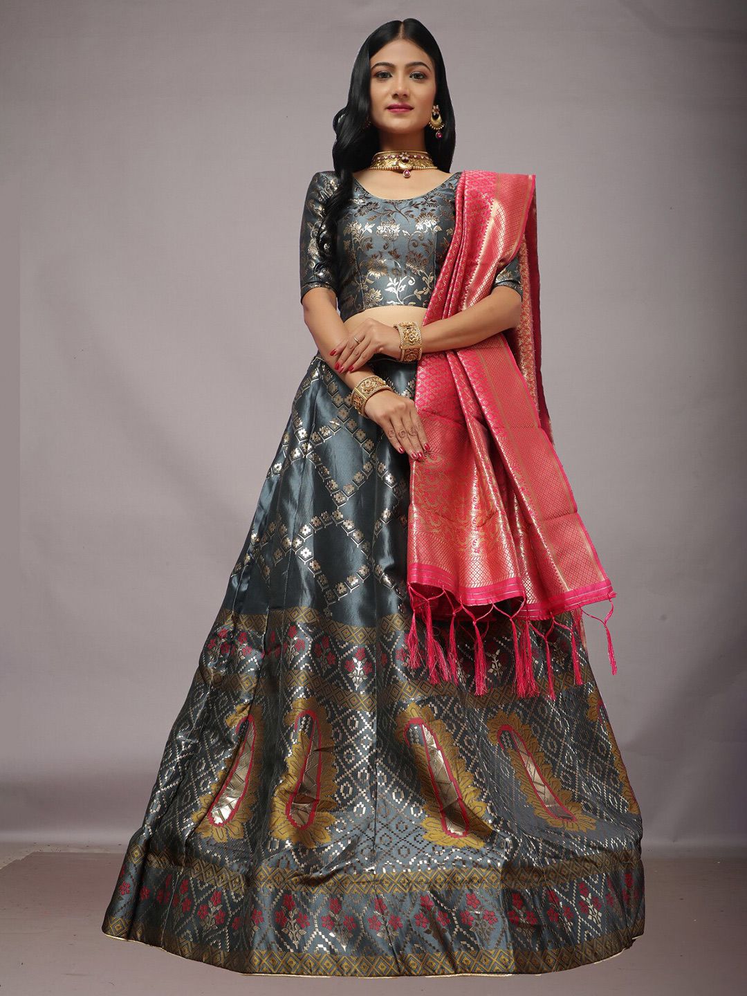 Ekta Textiles Grey & Pink Semi-Stitched Lehenga & Unstitched Blouse With Dupatta Price in India