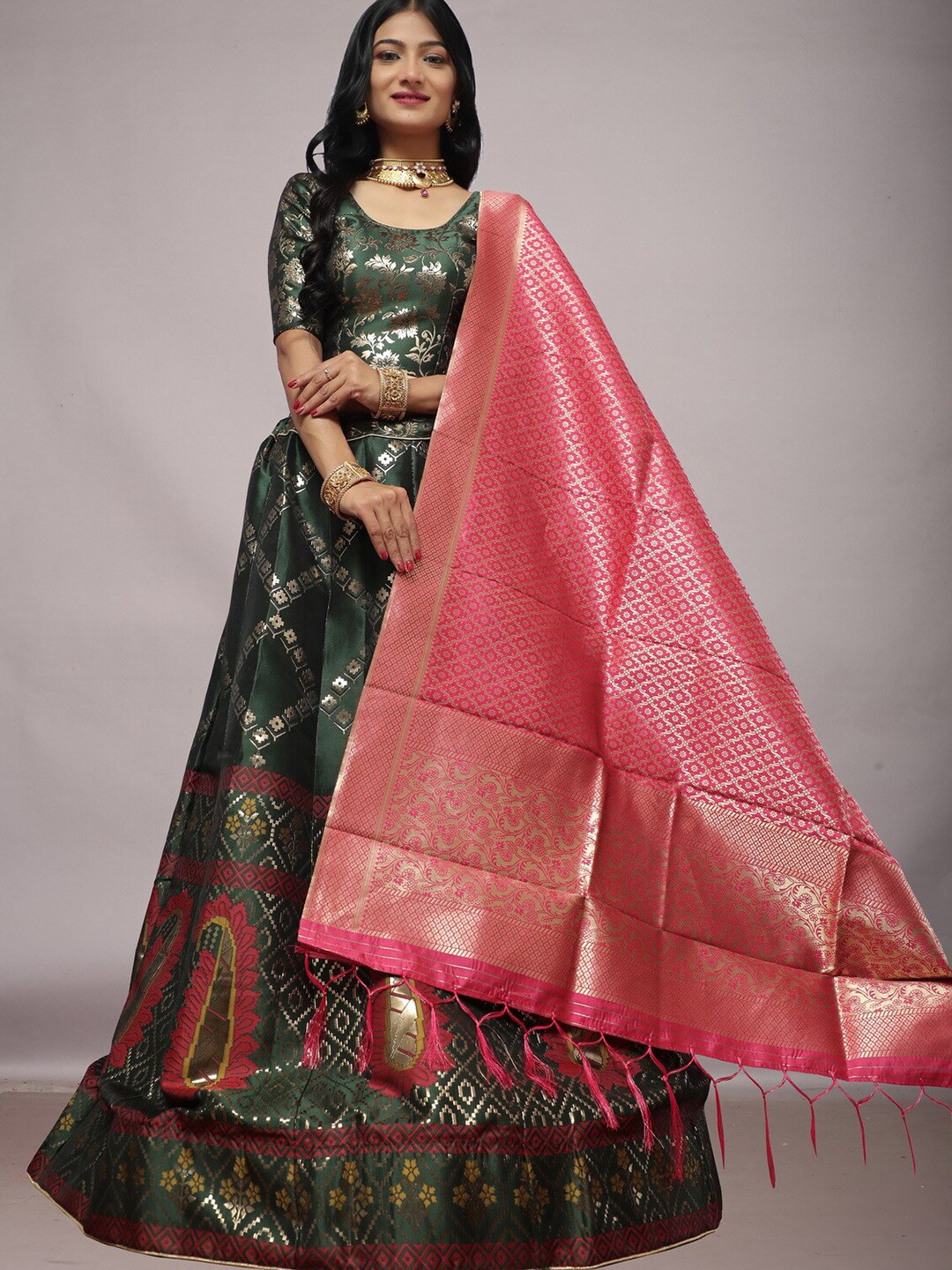 Ekta Textiles Green & Pink Semi-Stitched Lehenga & Unstitched Blouse With Dupatta Price in India