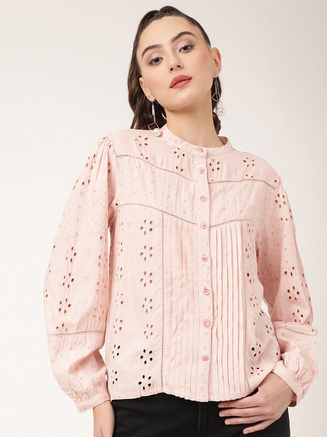 ELLE Women Peach Self Design Mandarin Collar Shirt Style Top Price in India