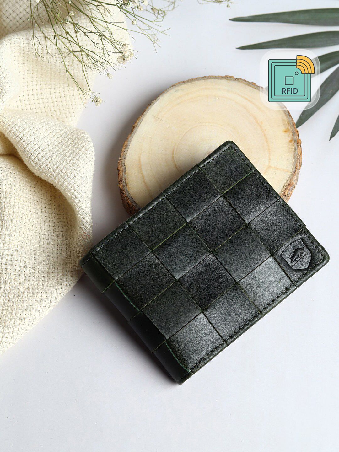 SAMTROH Men Black Checked Leather RFID Two Fold Wallet