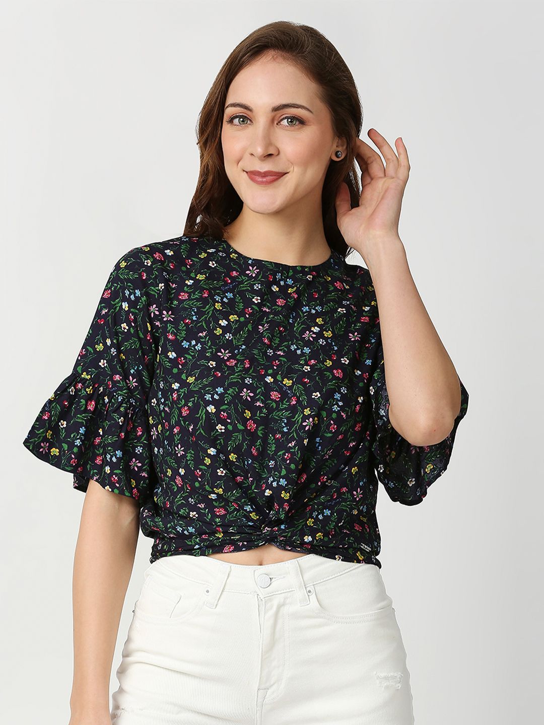 Pepe Jeans Women Blue Floral Print Crop Top Price in India