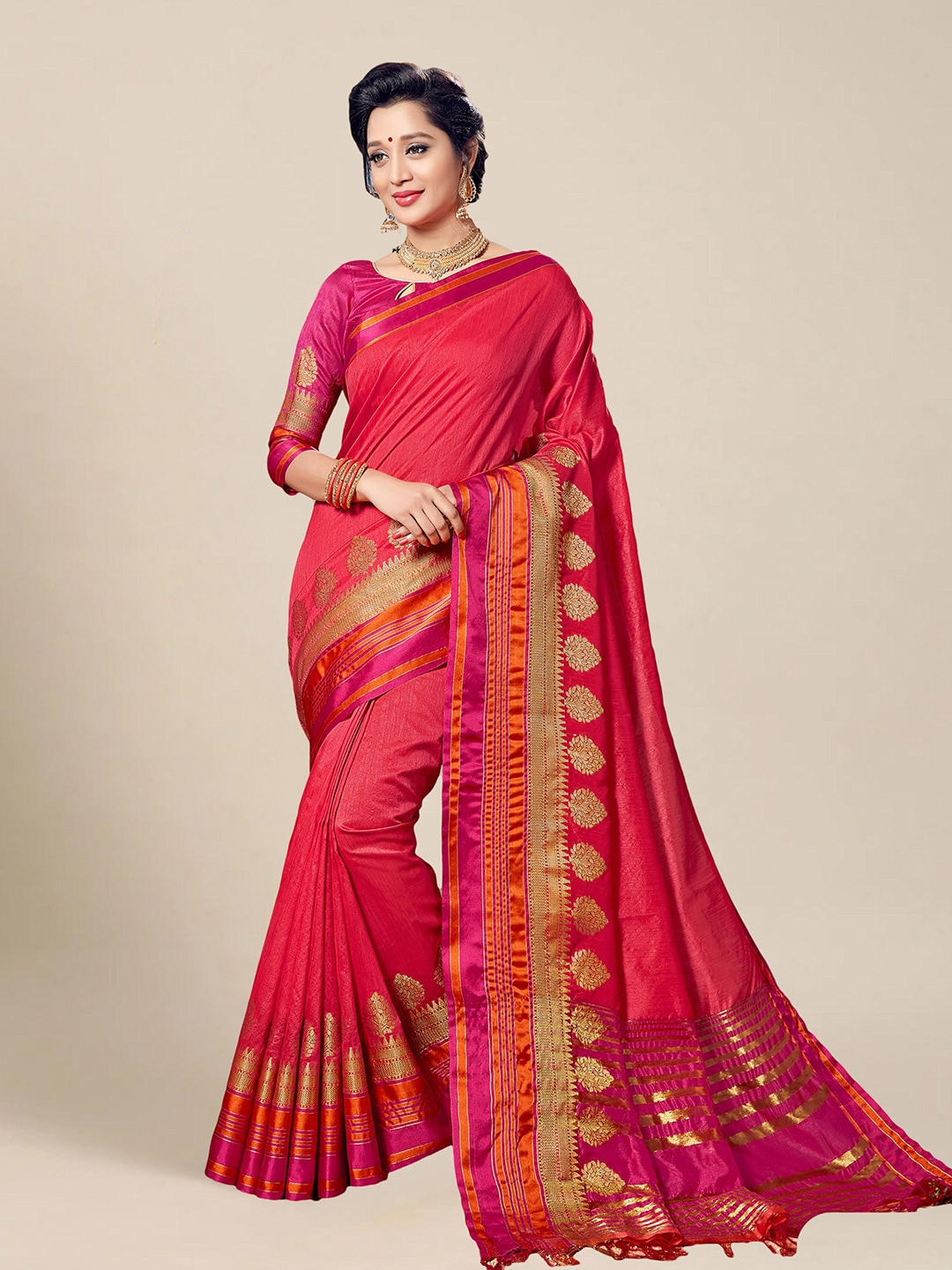 MS RETAIL Pink & Gold Woven Design Zari Art Silk Dharmavaram Saree Price in India