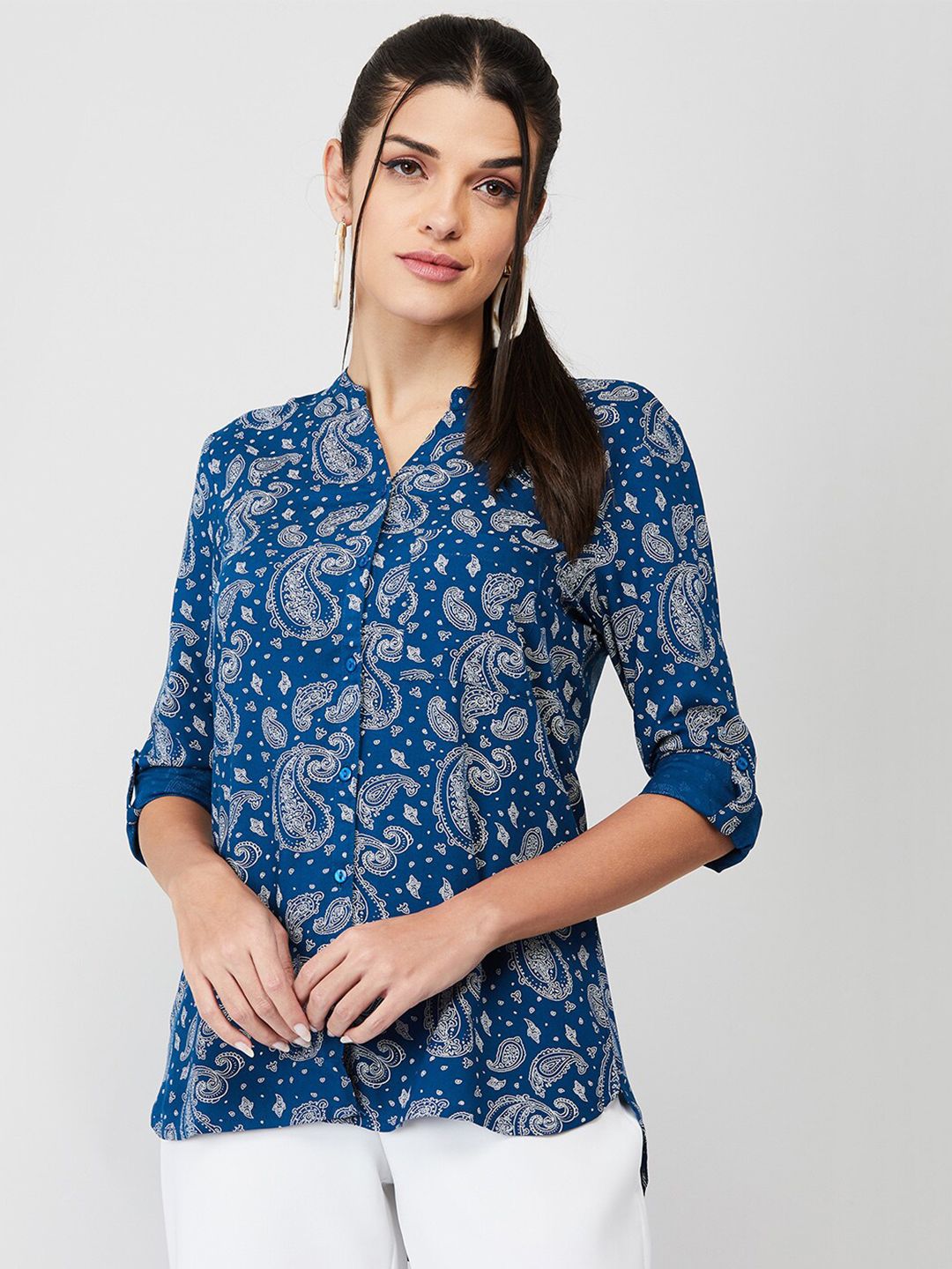 Fame Forever by Lifestyle Print Mandarin Collar Roll-Up Sleeves Shirt Style Top Price in India