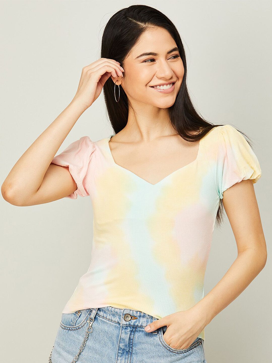 Ginger by Lifestyle Tie and Dye Sweetheart Neck Top Price in India