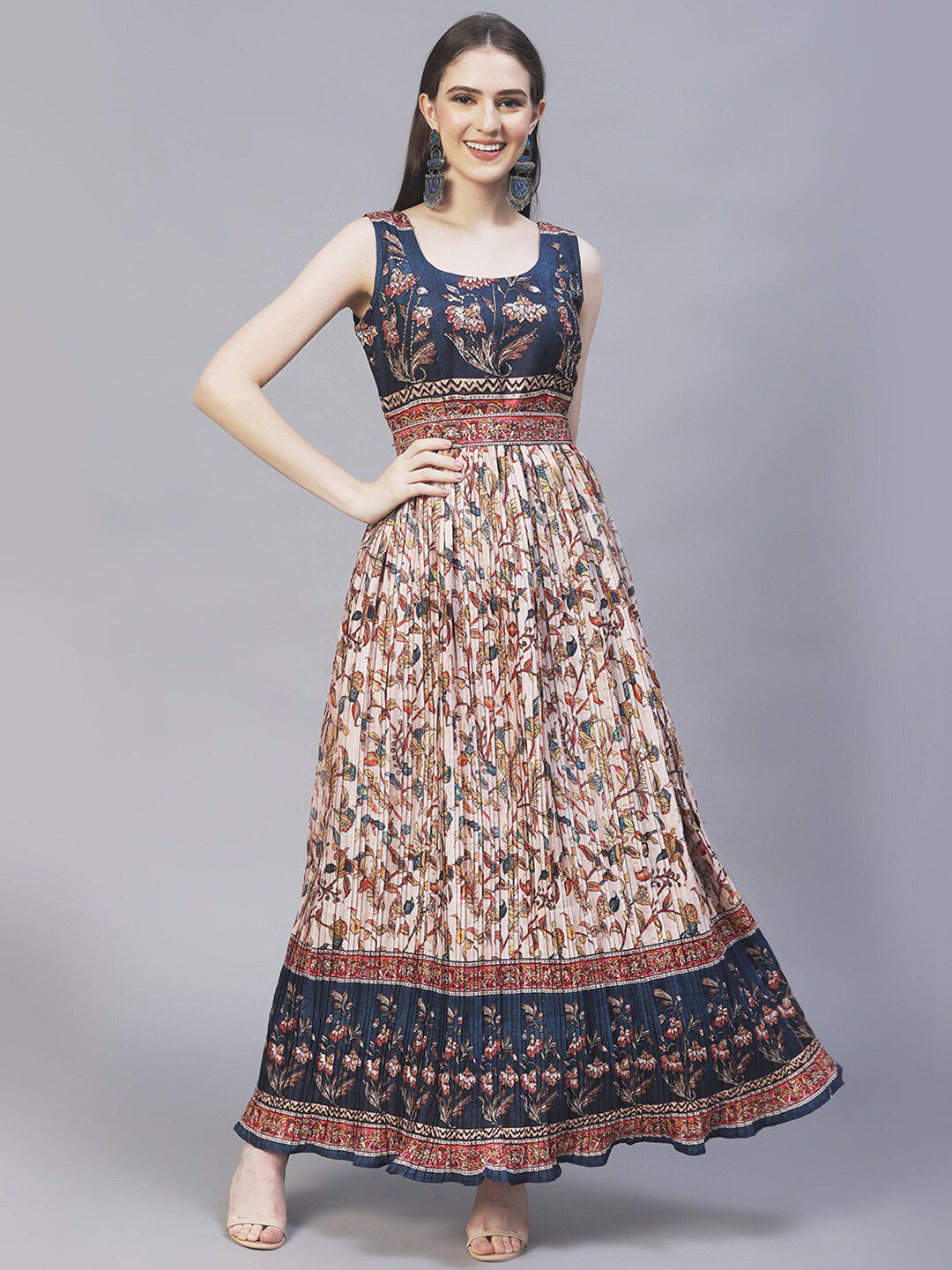 FASHOR Women Cream-Coloured & Blue Ethnic Motifs Ethnic Maxi Dress Price in India