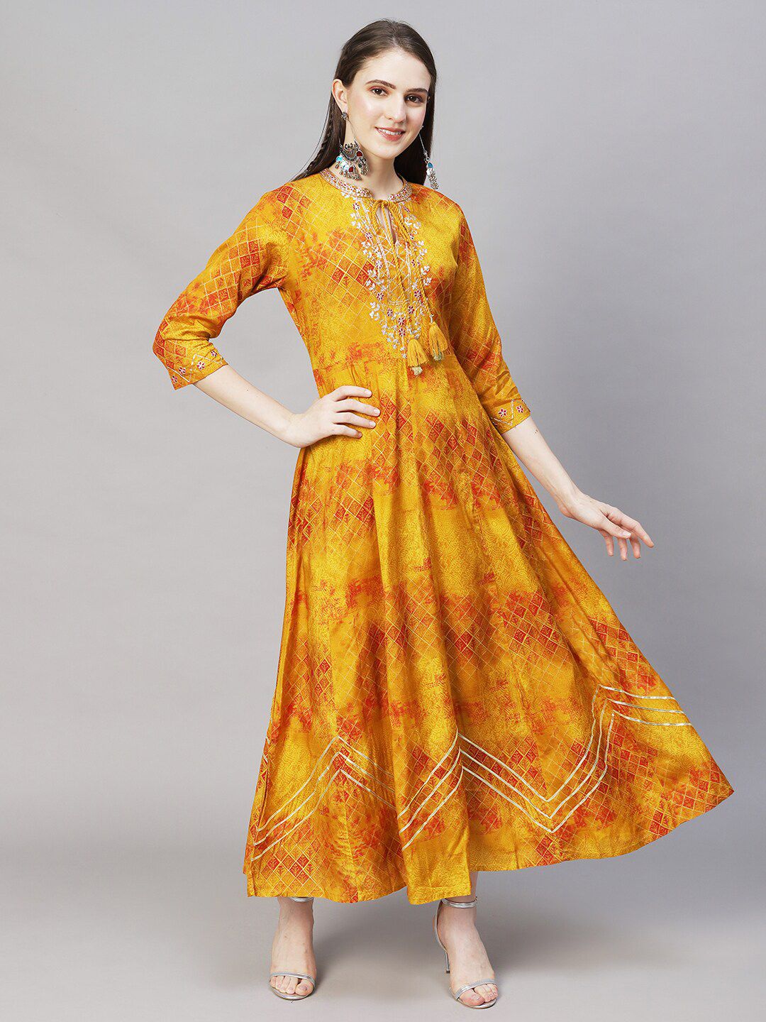 FASHOR Mustard Yellow Ethnic Motifs Printed Maxi Dress Price in India