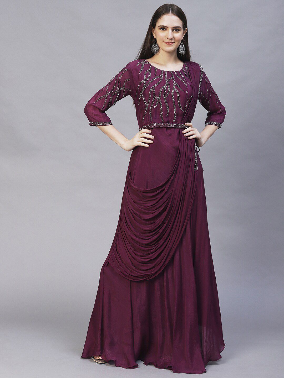 FASHOR Women Burgundy Embellished Chiffon Ethnic Maxi Dress Price in India