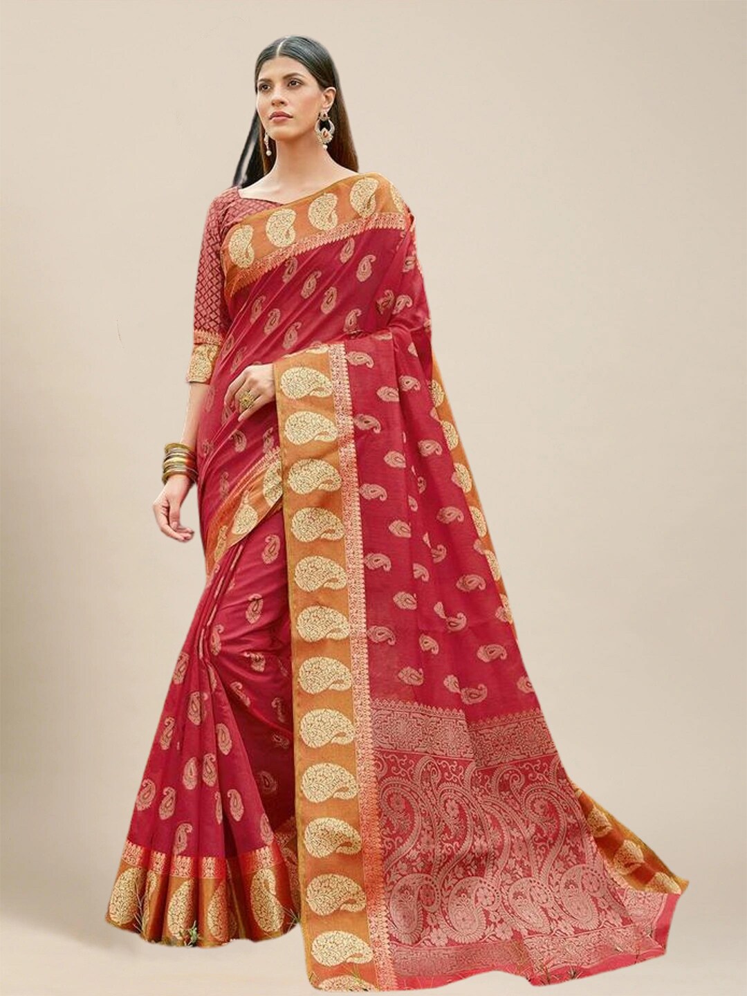 MS RETAIL Red & Gold-Toned Paisley Zari Pure Cotton Chanderi Saree Price in India