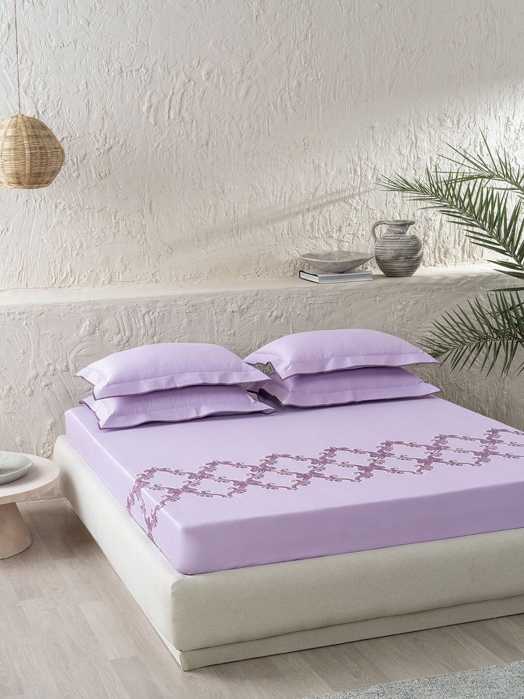 DDecor Purple Embroidered Cotton 210 TC Double King Bedding Set Price in India