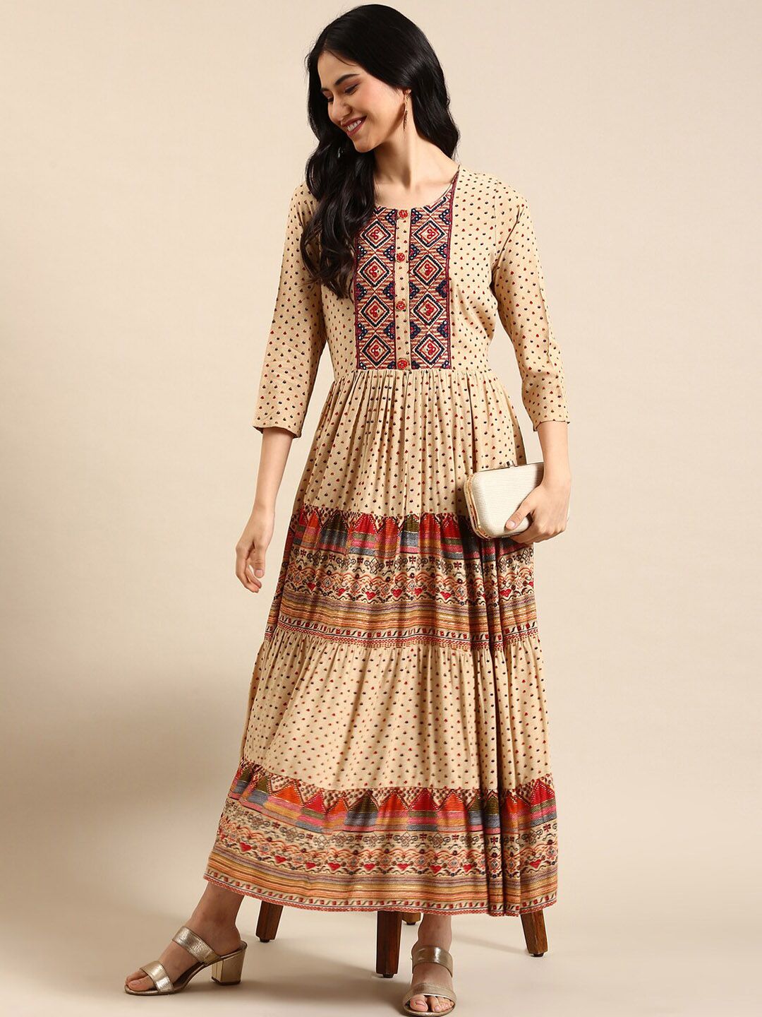 SHOWOFF Women Beige Geometric Printed Flared Sleeves Kurta Price in India