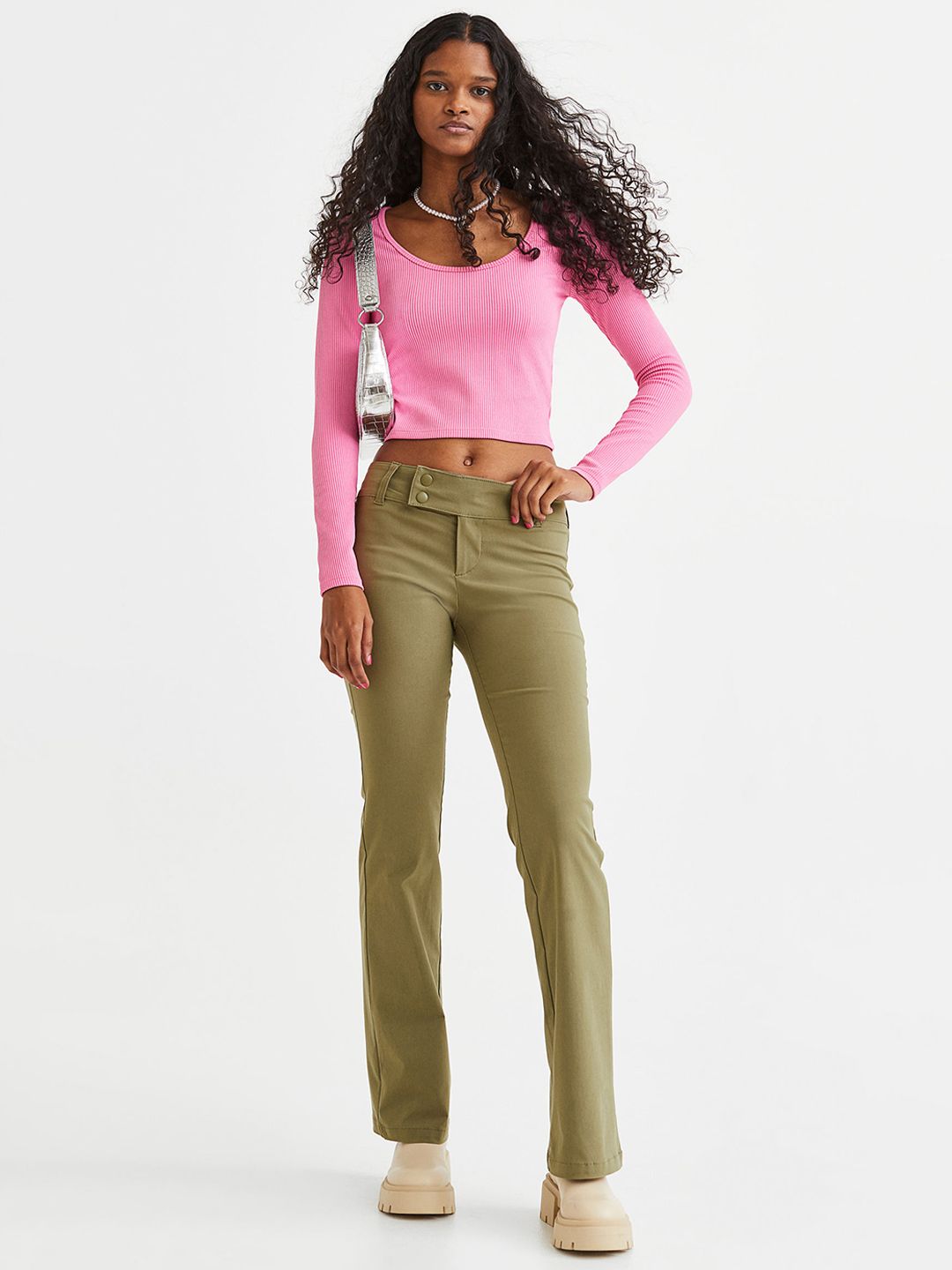 H&M Women Olive Green Low-Waist Flared Trousers Price in India