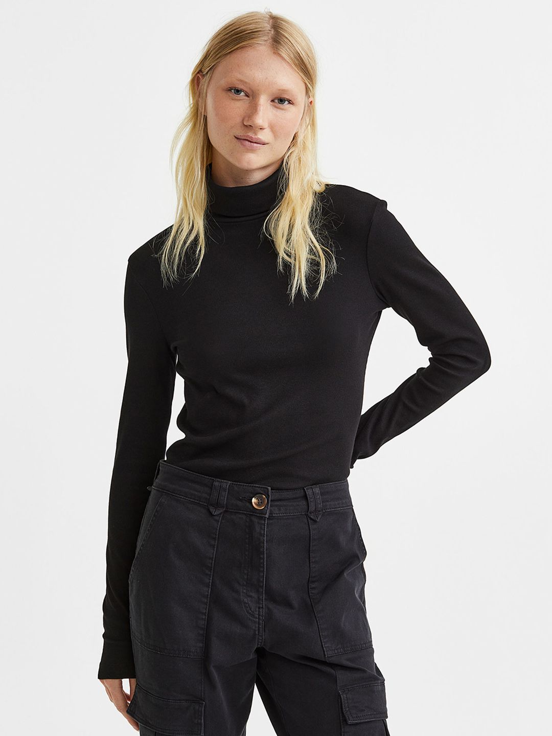 H&M Black Solid Modal-Blend Polo-Neck Top Price in India