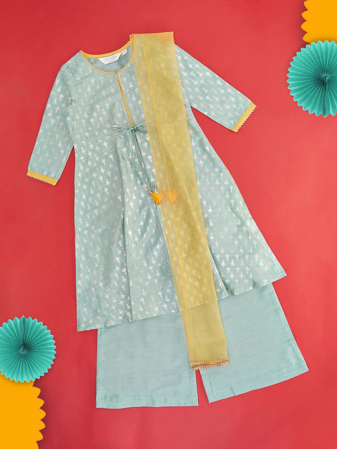 AKKRITI BY PANTALOONS Girls Green Ethnic Motifs Printed Kurta with Trousers & With Dupatta