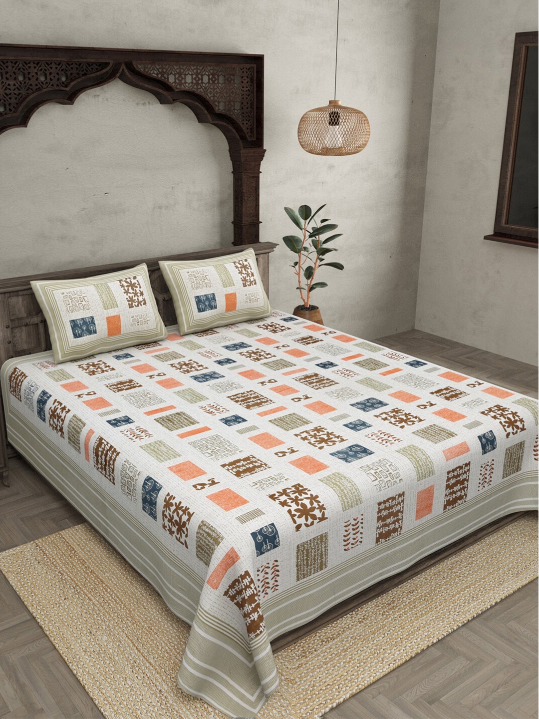 JAIPUR FABRIC Geometric 240 TC Cotton King Bedsheet with 2 Pillow Covers Price in India