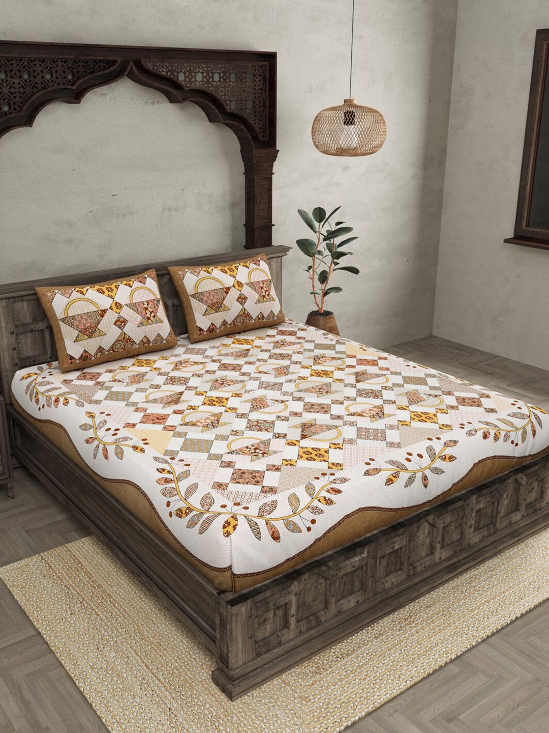JAIPUR FABRIC Ethnic Motifs 240 TC Motifs Cotton King Bedsheet with 2 Pillow Covers Price in India