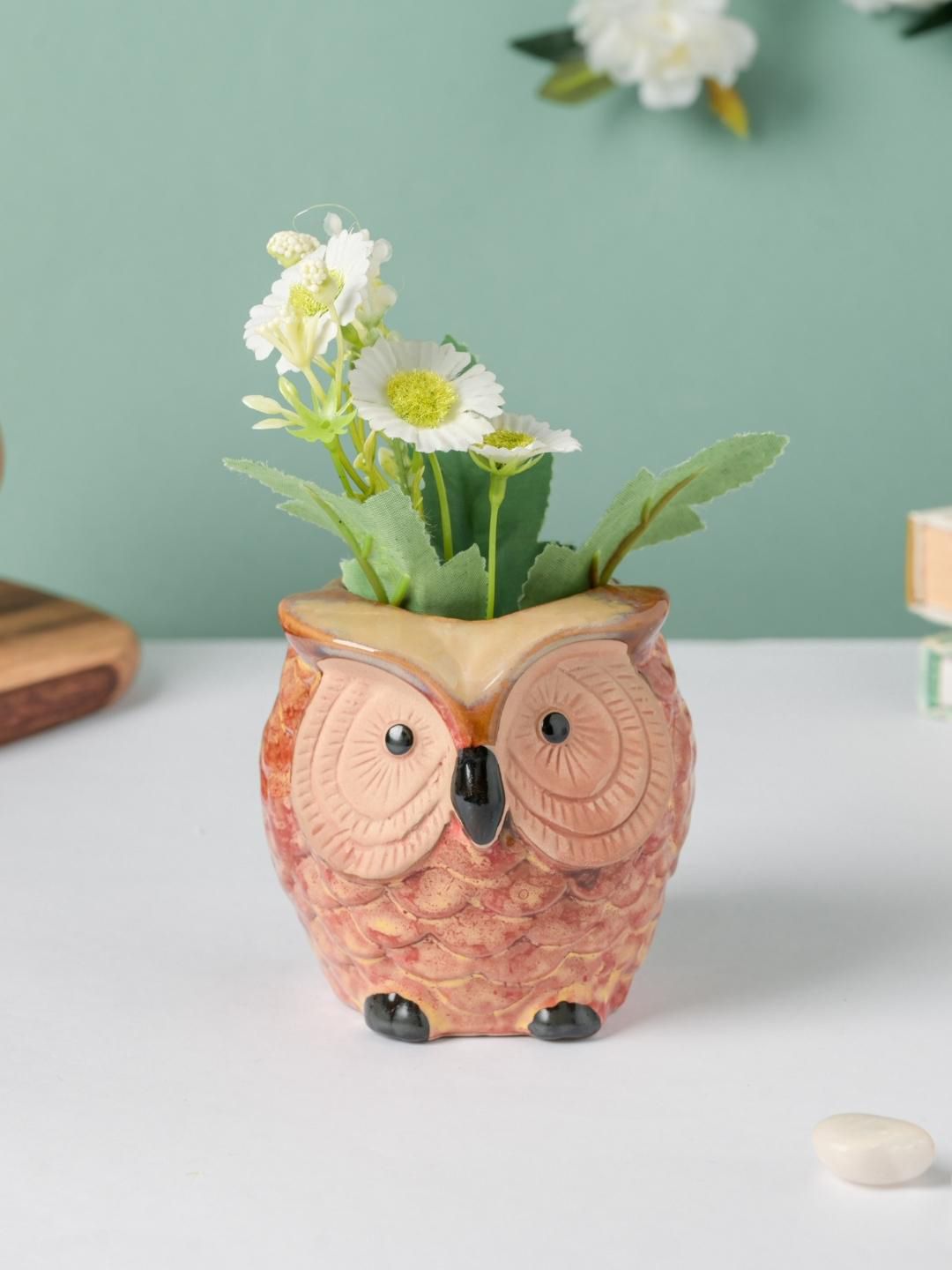 Nestasia Orange Owl Ceramic Planter With Wooden Coaster Price in India