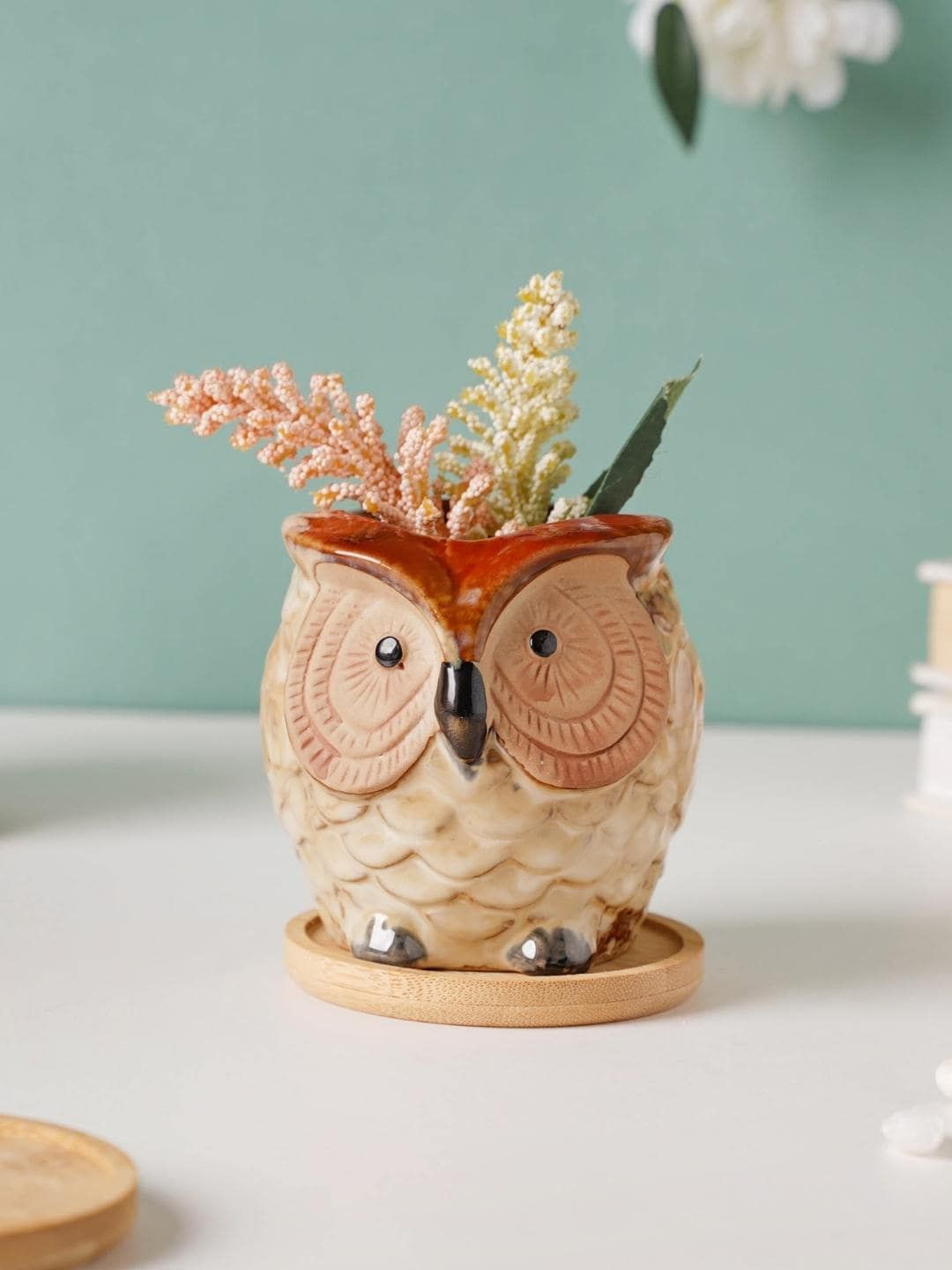 Nestasia Off White Owl Ceramic Planter With Wooden Coaster Price in India