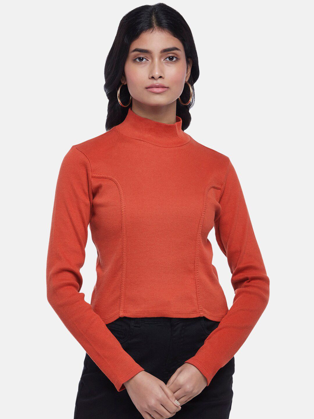 People Women Rust Solid High Neck Top Price in India