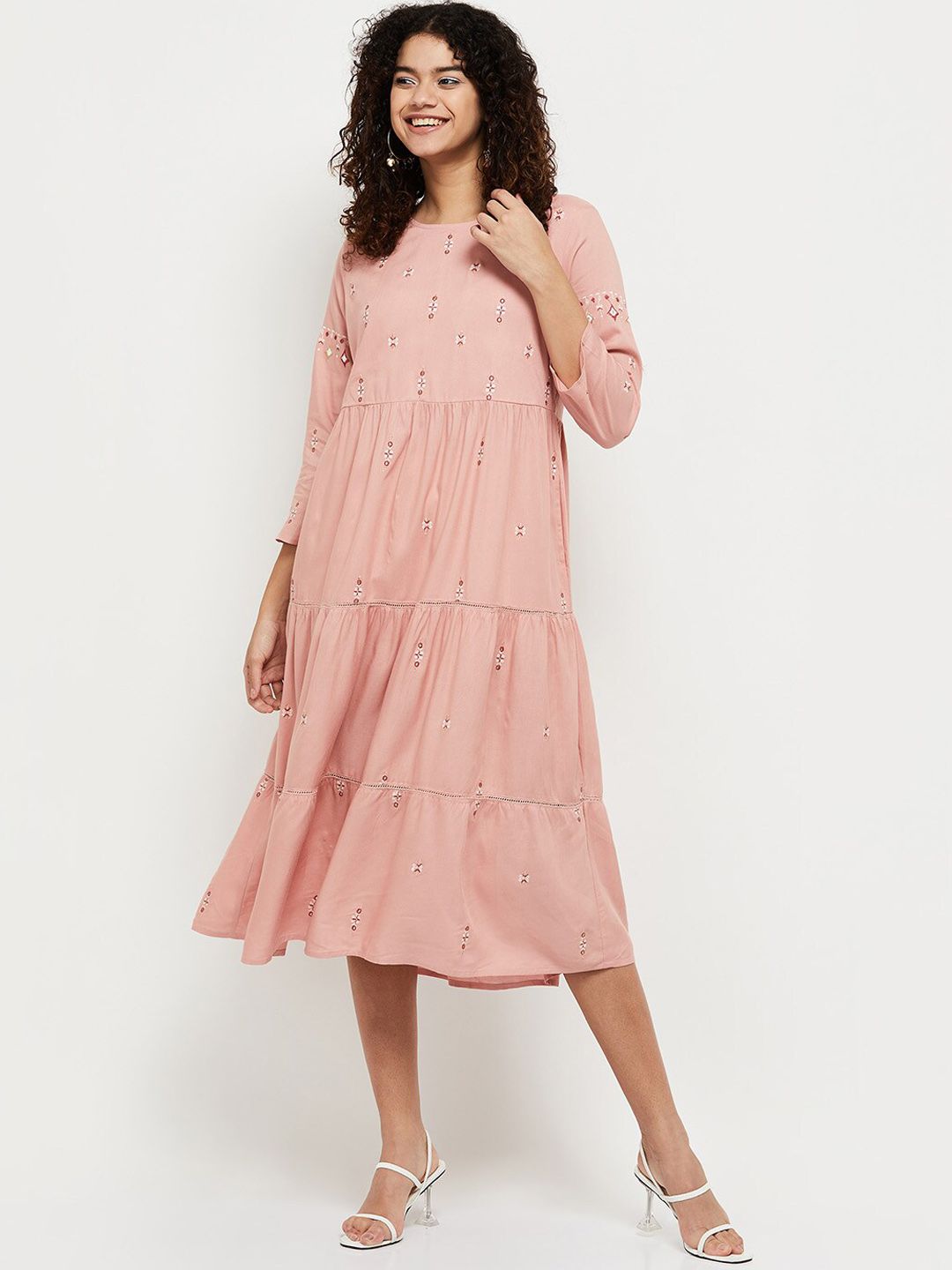 max Women Pink Printed Midi Dress Price in India