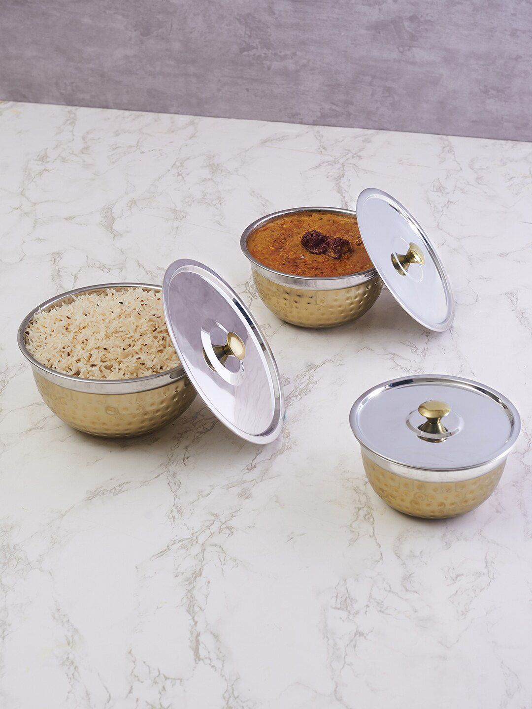 HomeTown Set of 3 Textured Stainless Steel Storage Containers with Lids Price in India