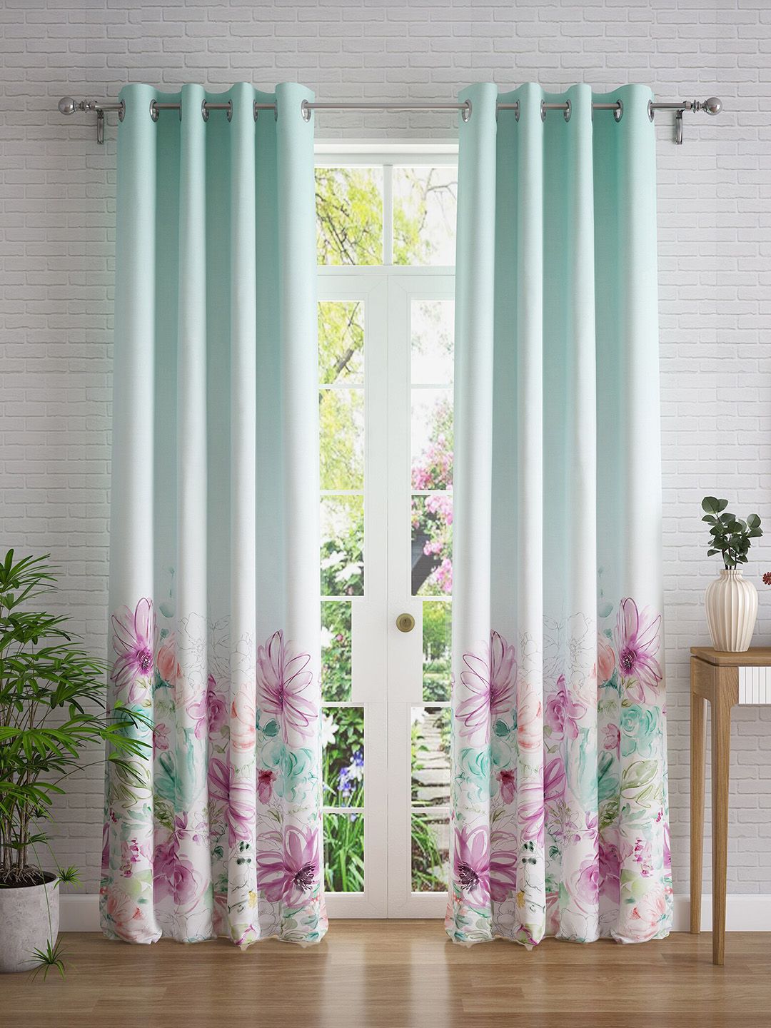 Home Centre Green & White Set of 2 Floral Door Curtain Price in India
