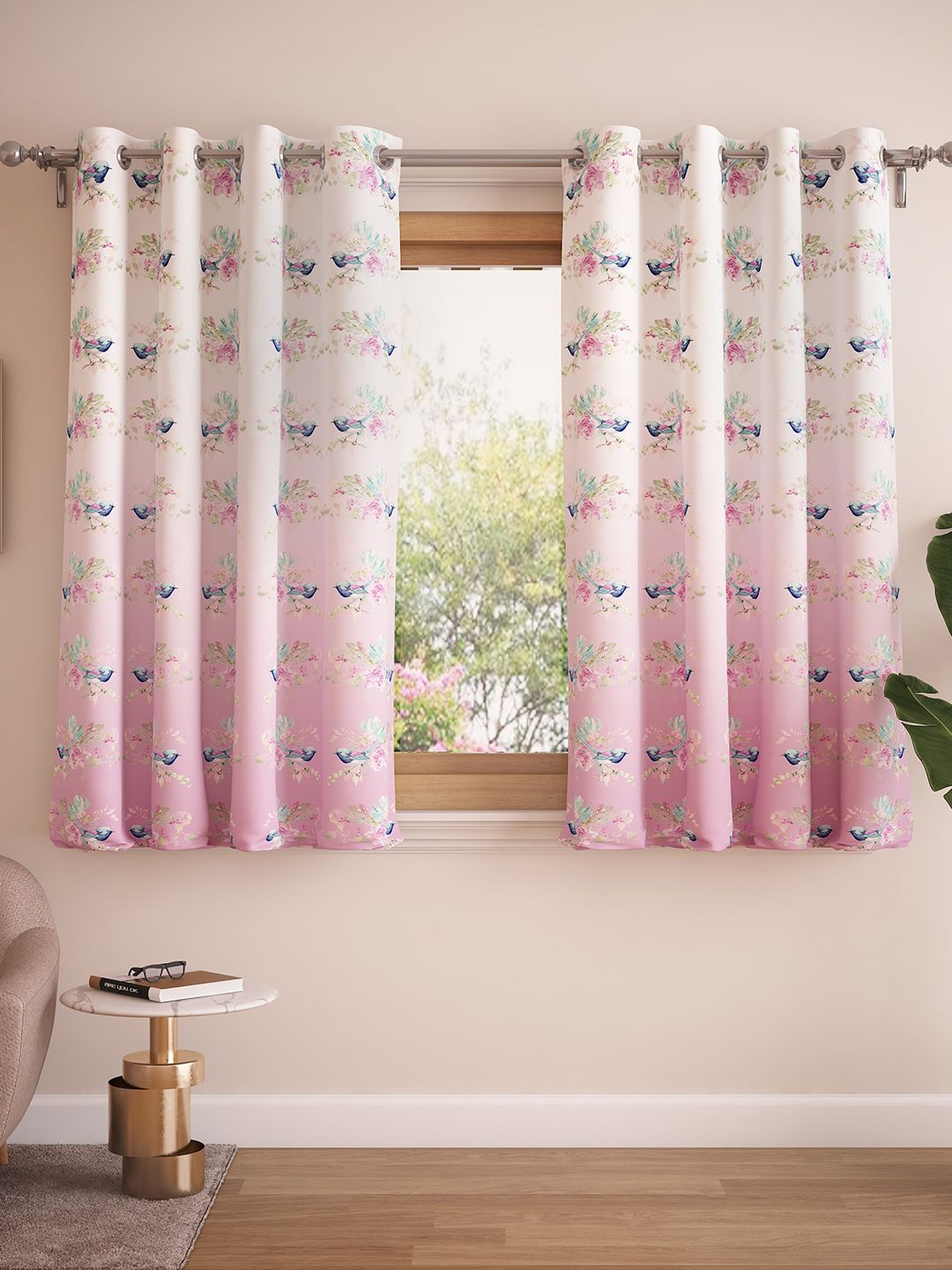 Home Centre Pink & Off White Set of 2 Floral Window Curtain Price in India