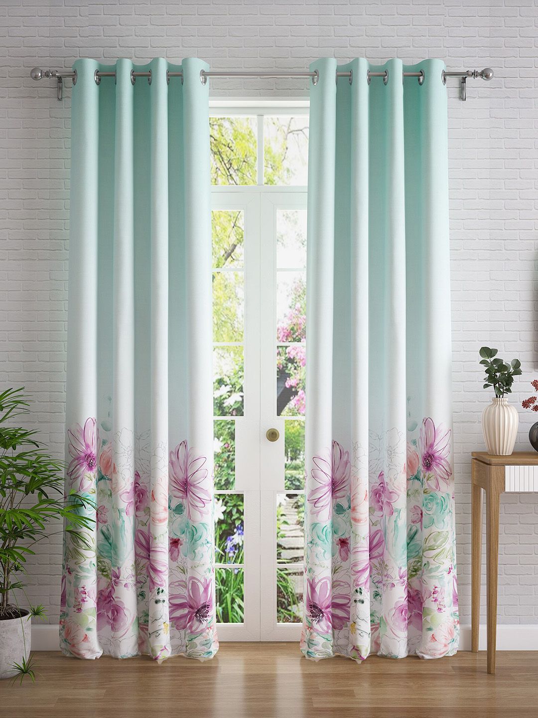 Home Centre Blue & Off White Set of 2 Floral Door Curtain Price in India
