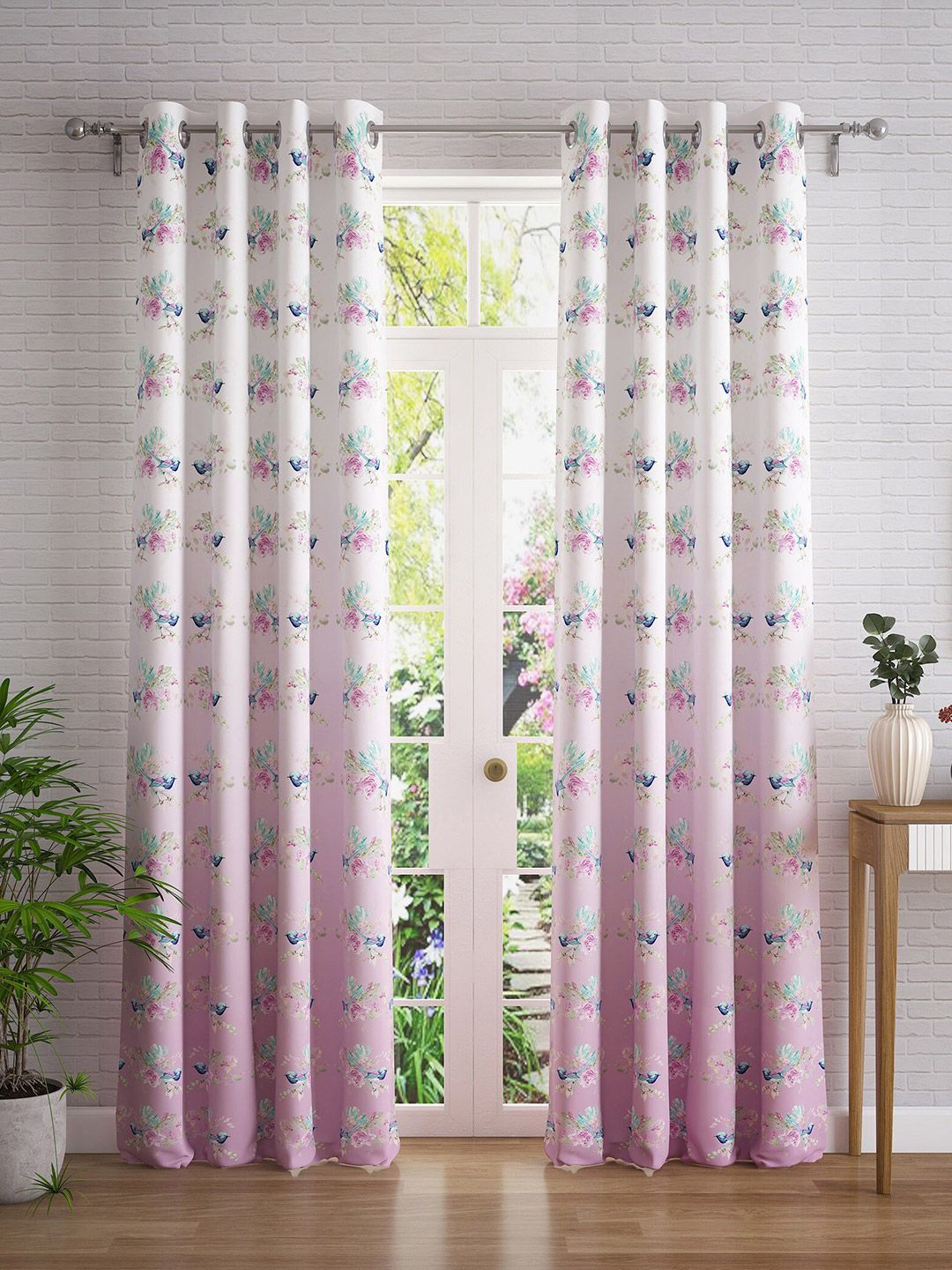 Home Centre Pink & Off White Set of 2 Floral Door Curtain Price in India