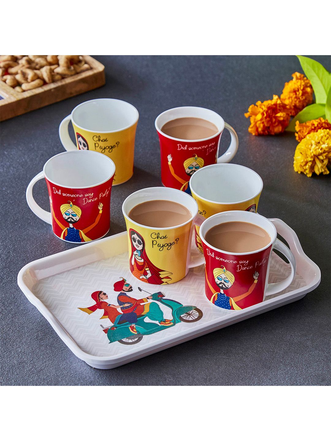 Home Centre White & Red Printed Bone China Glossy Mugs Set of Cups and Mugs Price in India