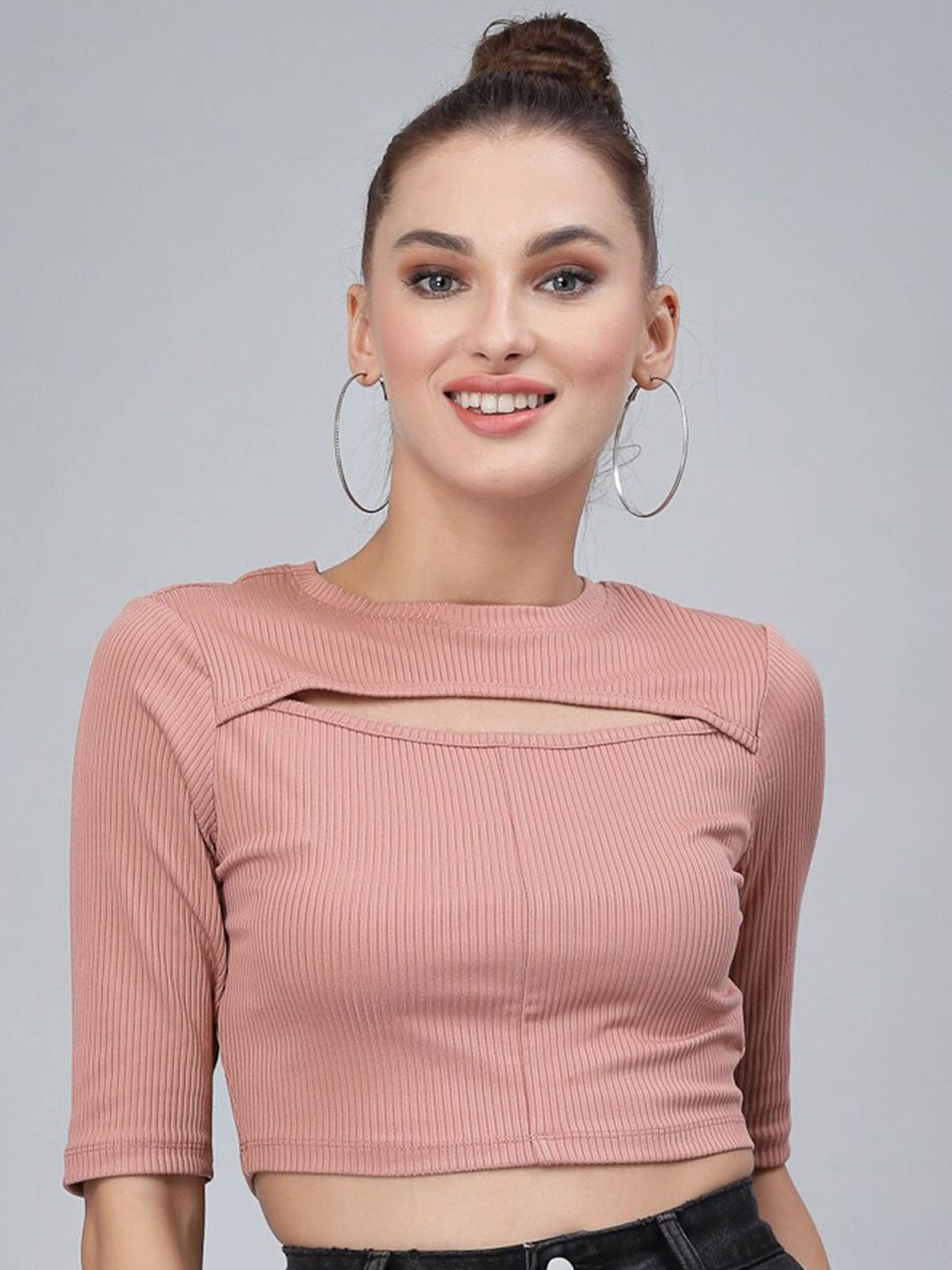 KASSUALLY Ribbed Cut-Out Detail Crop Top Price in India