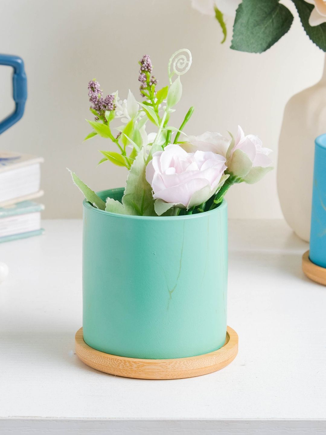 Nestasia Green Solid Planter With Wooden Coaster Price in India