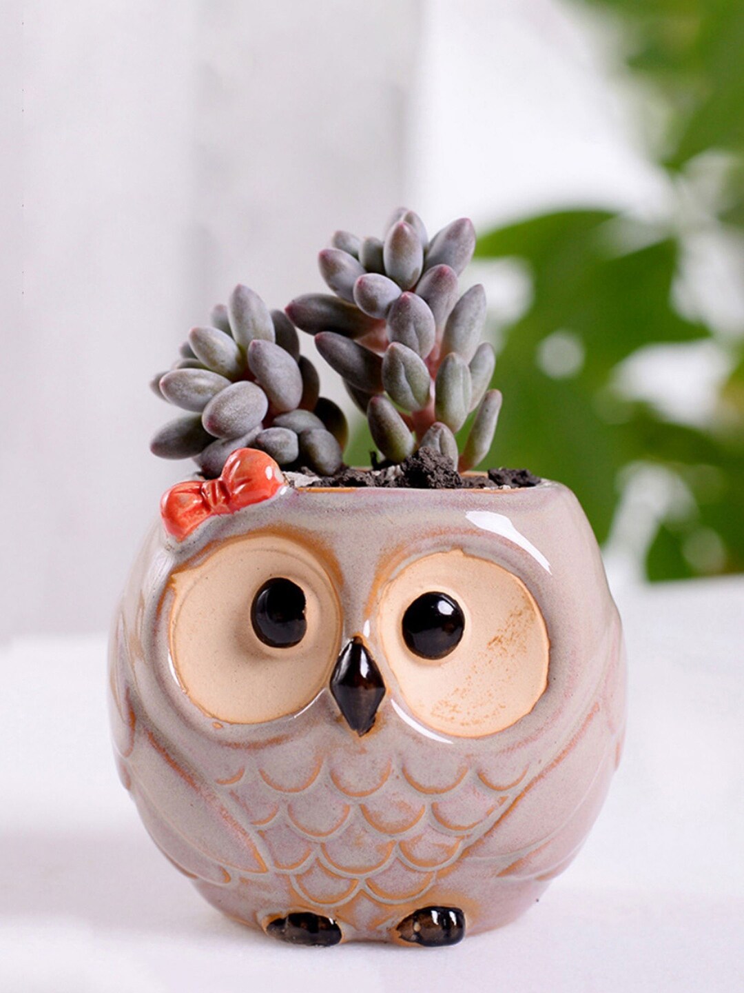 Nestasia Brown Ceramic Owl Shaped Planter With A Bow Price in India
