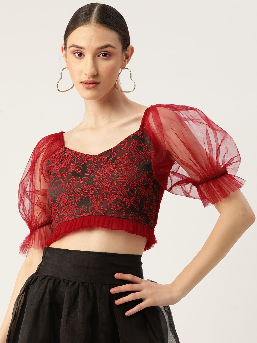 Antheaa Red Floral Jacquard Smocked Crop Top Price in India