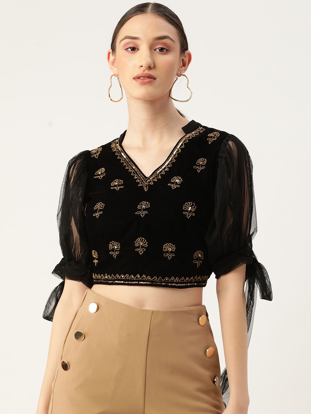 Antheaa Black Embellished Velvet Crop Top Price in India