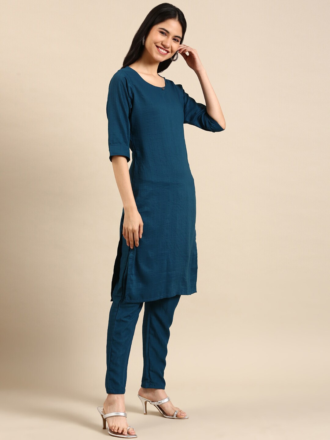 SHOWOFF Women Teal Chanderi Cotton Kurta with Trousers Price in India