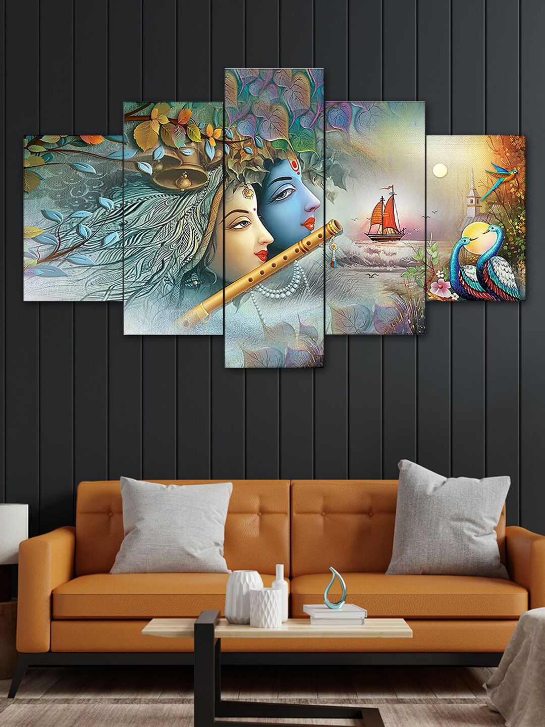 Perpetual Set Of 5 Multicoloured Radha Krishna Painting Wall Art Price in India