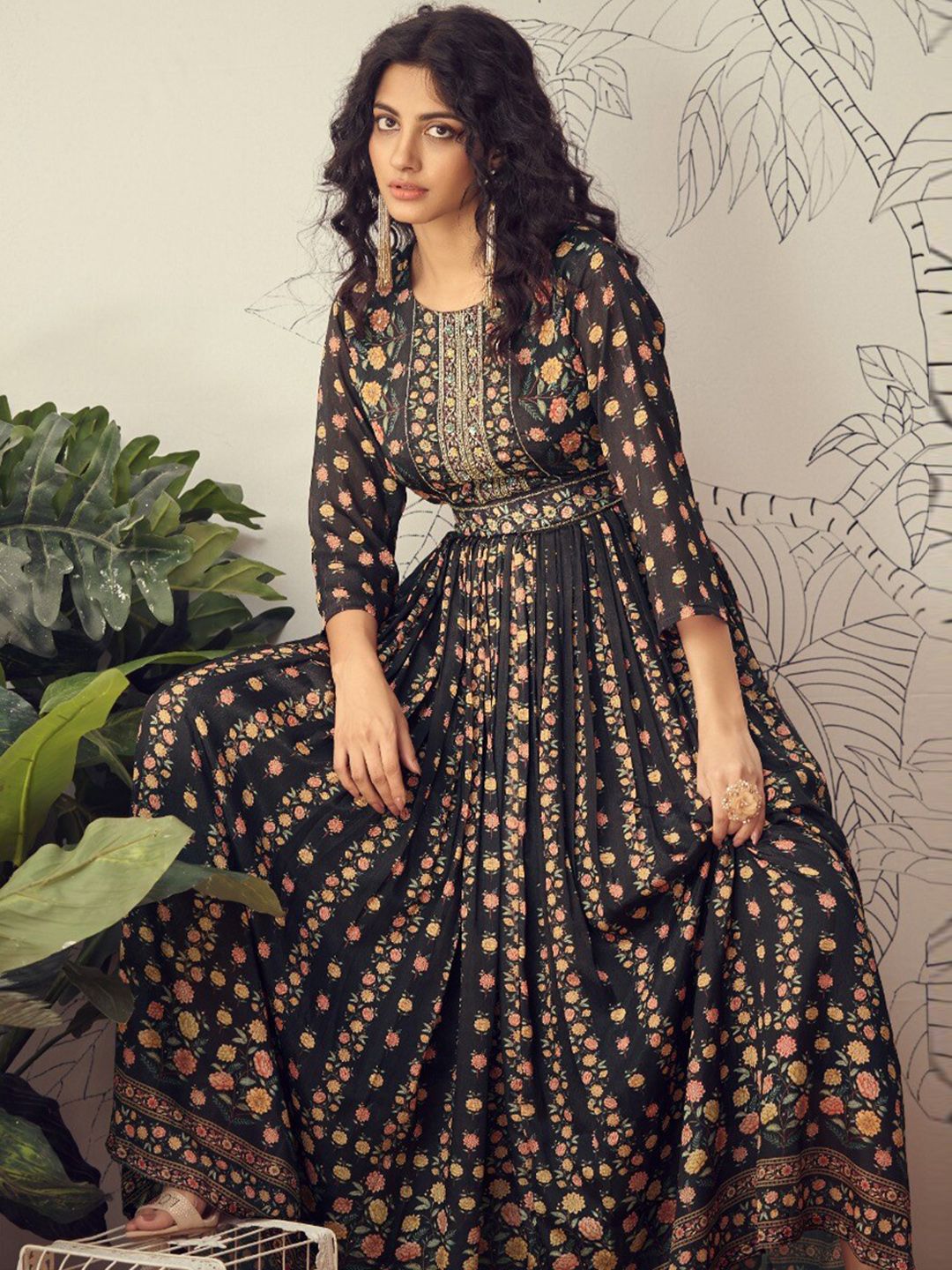 AUTUMN LANE Women Black Printed Maxi-Length Ethnic Dresses Price in India