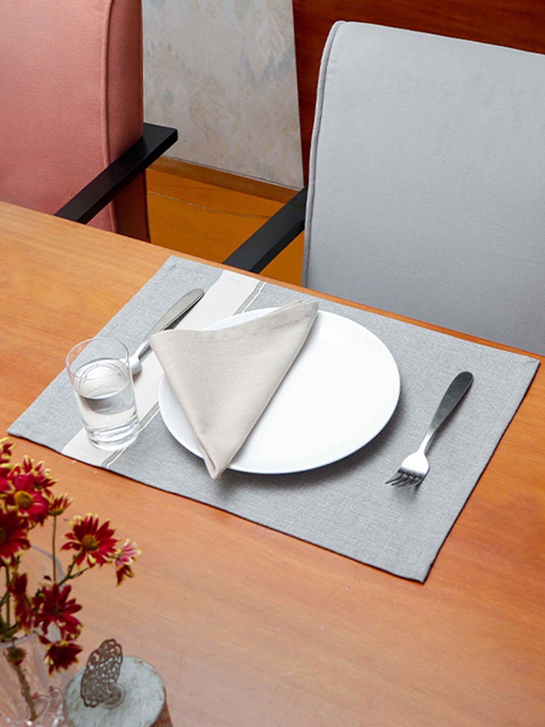 ZEBA Set Of 6 Grey Striped Pure Cotton Dining Table Placemats Price in India
