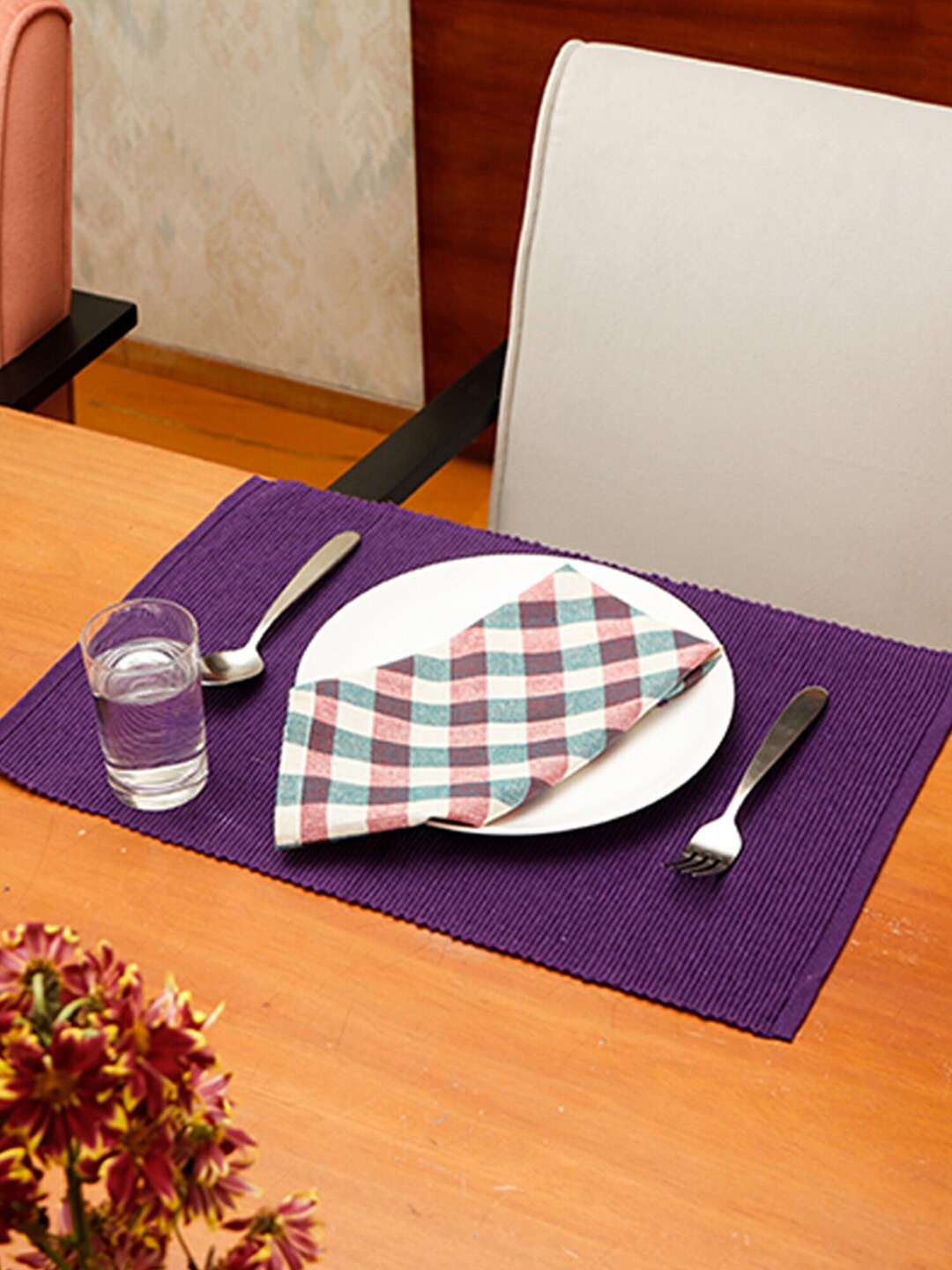 ZEBA Set Of 6 Beige & Purple Checked Table Placemats With Napkins Price in India
