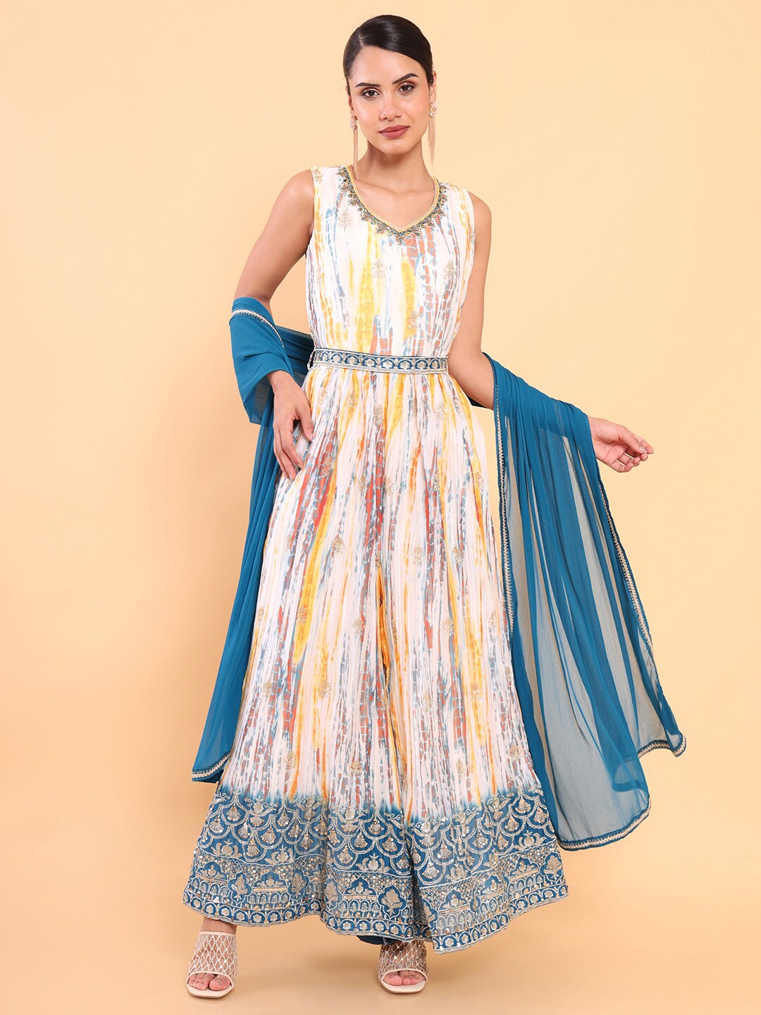 Soch Blue & Yellow Printed Basic Jumpsuit Price in India