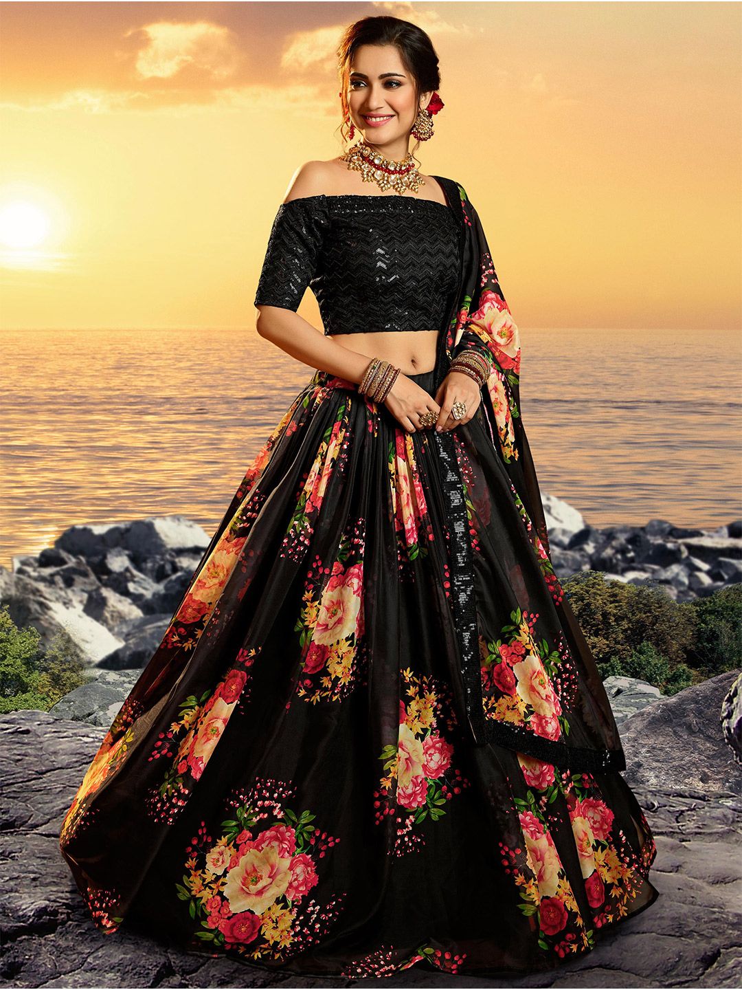 Atsevam Black & Pink Tie and Dye Semi-Stitched Lehenga & Unstitched Blouse With Dupatta Price in India