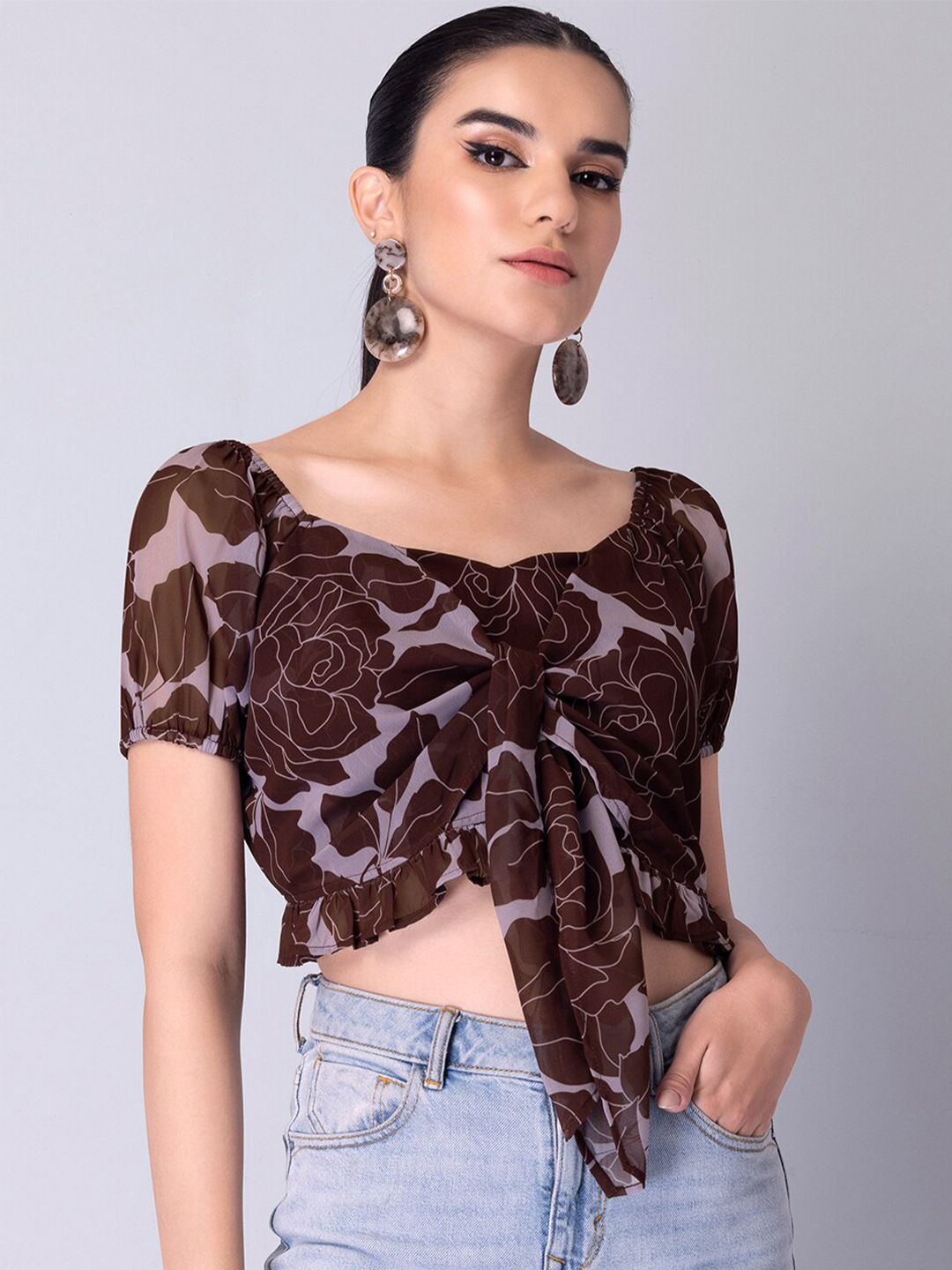 FabAlley Purple Floral Print Georgette Crop Top Price in India