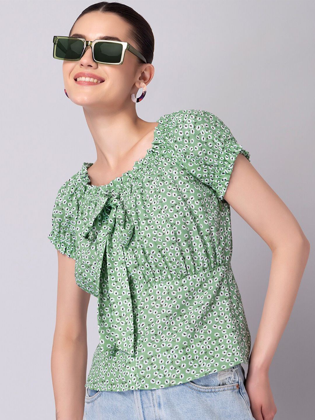 FabAlley Green Print Georgette Top Price in India