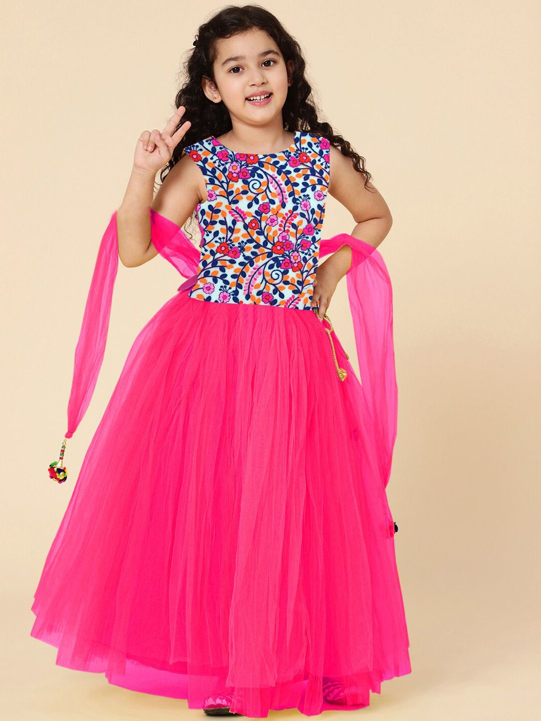 A T U N Girls Fuchsia & Navy Blue Embroidered Ready to Wear Lehenga & Blouse With Dupatta Price in India