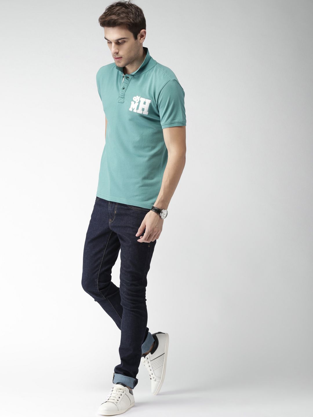 Mast & Harbour Men Teal Blue Solid Polo T-shirt