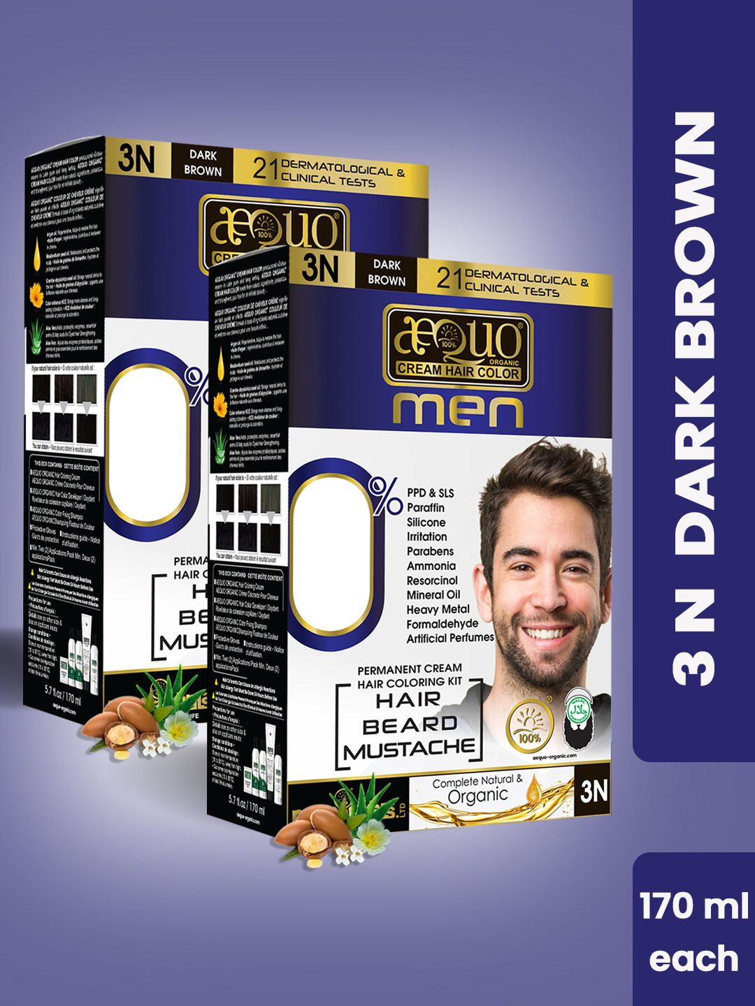 Aequo Organic Men Set Of 2 Permanent Hair Color 170 ml Each - 3N Dark Brown