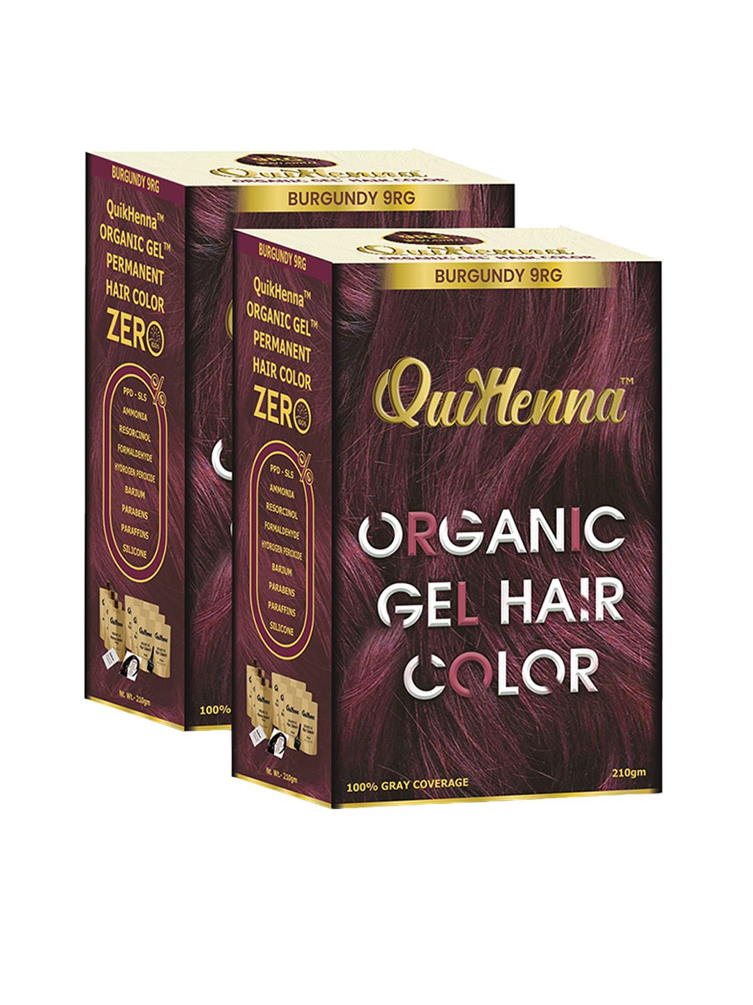 QUIKHENNA Set Of 2 Organic Gel PPD & Ammonia Free Hair Colour 210gm Each - Burgundy 9RG