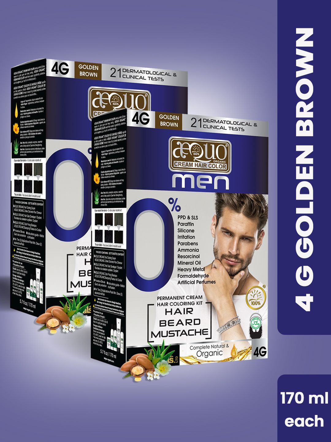 Aequo Organic Men Set of 2 Permanent Hair Color 175 ml Each - Golden Brown 4G