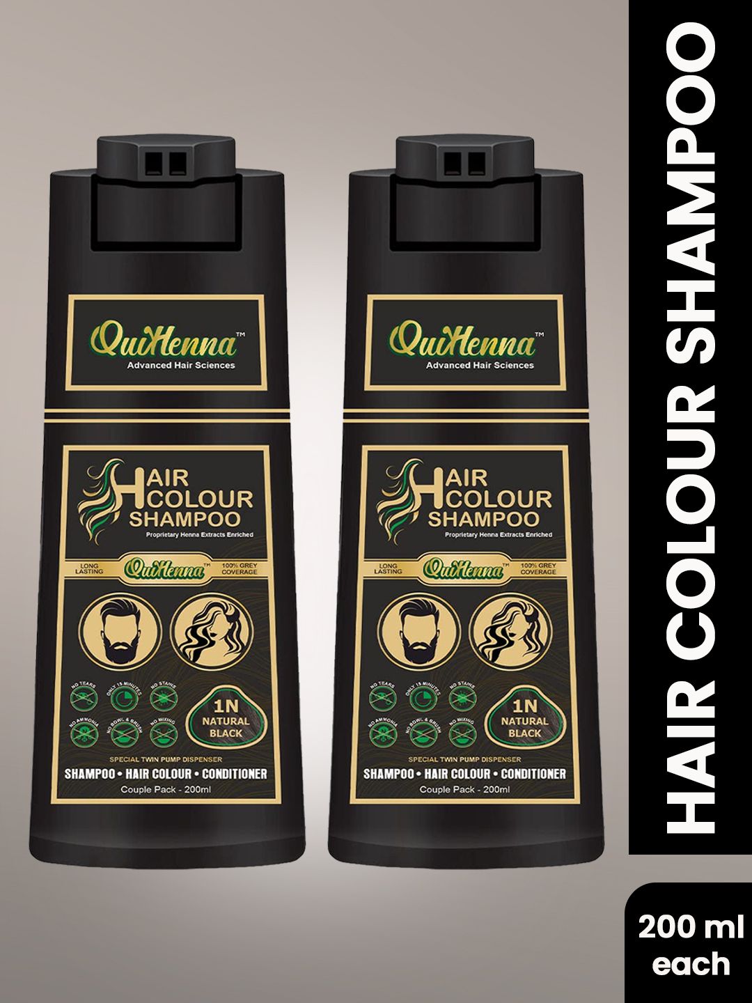 QUIKHENNA Set of 2 Grey Coverage Hair Color Shampoo 200 ml each - Natural Black 1N
